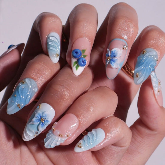 3D ocean blue press on nails with blueberries, sculpted flowers, and seashell accents — featuring glossy wave textures, pearl embellishments, and soft gradient blues — summer vacation nails, coastal press on nails, custom handmade nail art, fake nails, false nails, pressons — perfect for beach holidays, ocean-inspired looks, or gifting for her.

