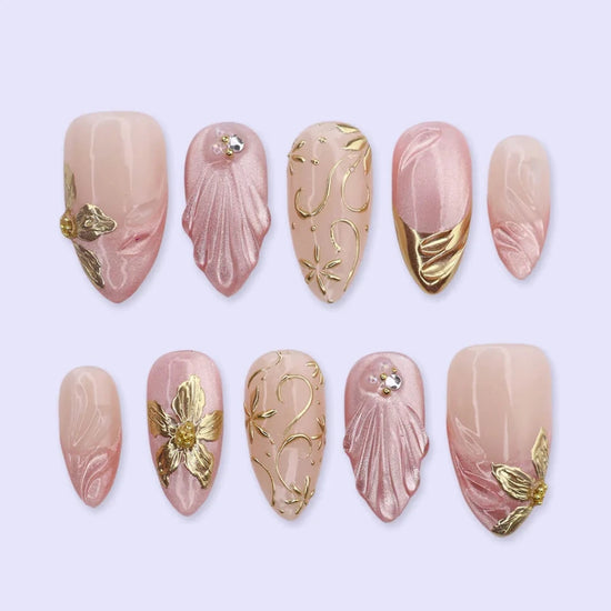 3D dusty rose press on nails with gold floral accents and draped satin texture, embellished with gold leaf and rhinestones — custom press on nails, luxury handmade nail art, fake nails, false nails, pressons — perfect for prom, romantic events, and everyday luxury
