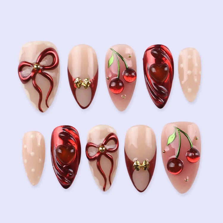 Handmade Red press on nails with Cherry, Bow & 3D Heart, Short Almond luxury handmade nail art, false nails, pressons — perfect for Valentine Date Night 