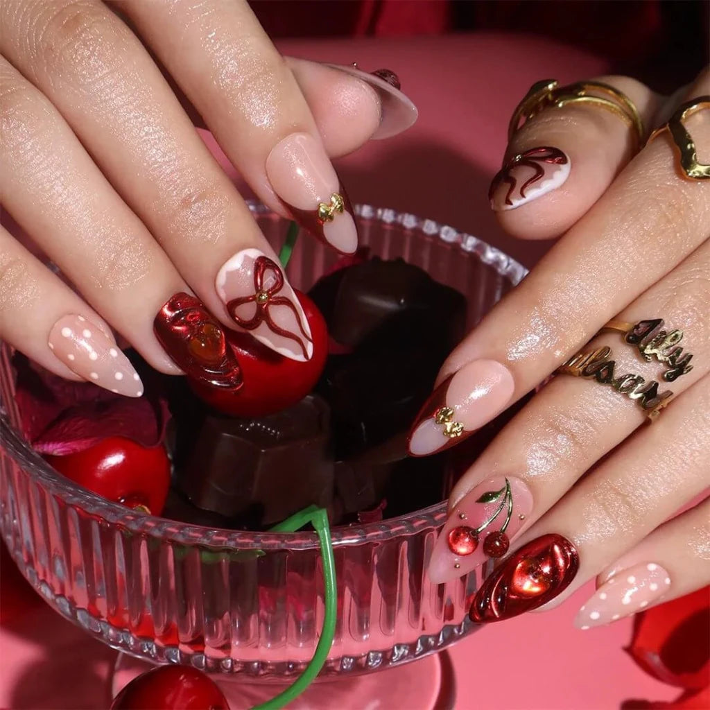 Handmade Red press on nails with Cherry, Bow & 3D Heart, Short Almond luxury handmade nail art, false nails, pressons — perfect for Valentine Date Night 
