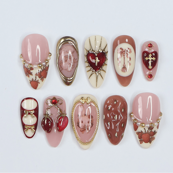 3D cute strawberry and bunny press on nails with pearl accents, heart charms, metallic gold bows, and vintage art details — luxury handmade press on nails, premium custom nail art, cute Japanese nail design, false nails, fake nails, pressons — perfect for birthdays, gifts, cosplay, or kawaii fashion lovers.