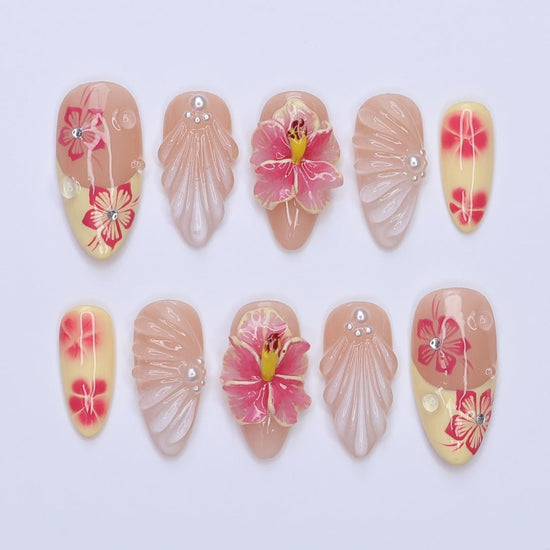3D tropical summer press on nails with pink hibiscus flowers, seashell textures, and soft yellow tips, embellished with pearls and rhinestones — featuring sculpted petals, glossy finishes, and floral beach vibes — summer vacation nails, tropical flower press on nails, custom handmade nail art, fake nails, false nails, pressons — perfect for summer holidays, beach trips, or destination weddings.


