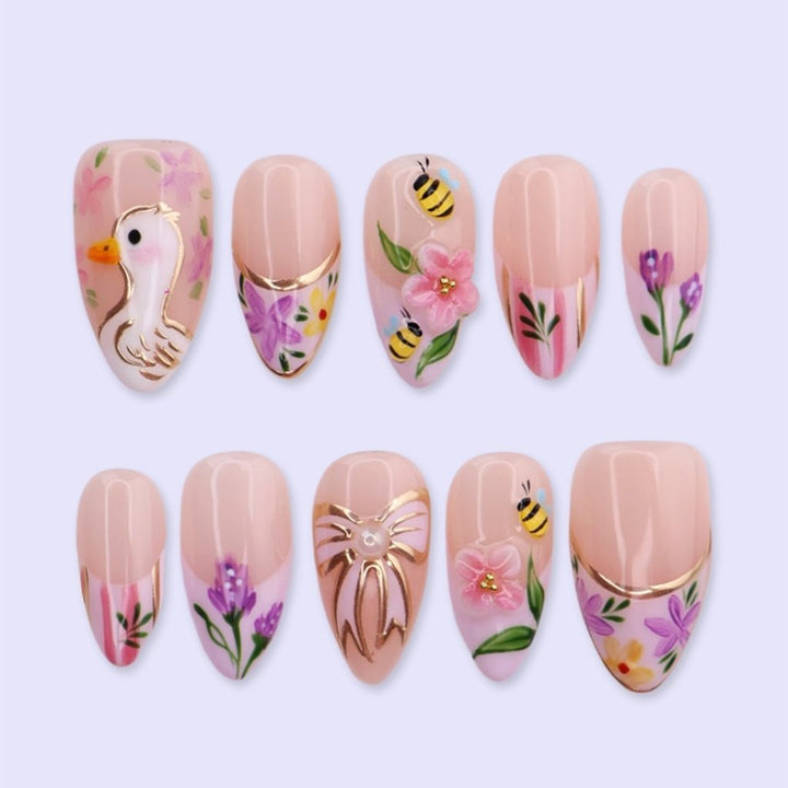 Handmade Purple press on nails with Duck, Bee & Floral, Medium Almond luxury handmade nail art, false nails, pressons — perfect for Holiday, Vacation, Birthday