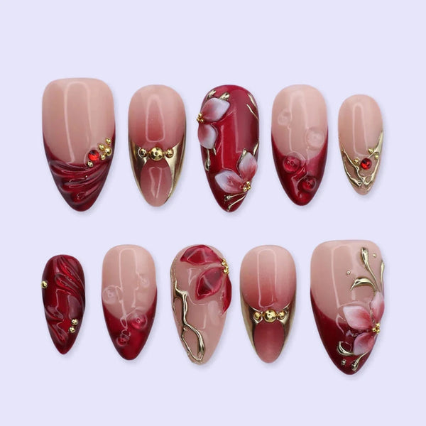 3D deep burgundy red press on nails with gold vine and floral accents, embellished with gold beads and raised petal details — custom press on nails, luxury handmade nail art, fake nails, false nails, pressons — perfect for prom, holiday parties, and bold formal events