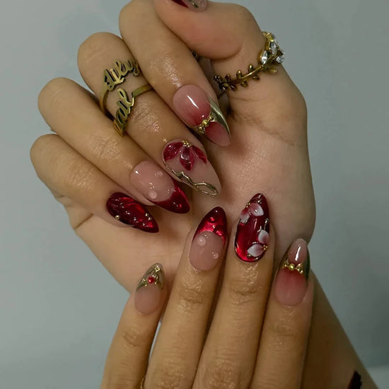 3D deep burgundy red press on nails with gold vine and floral accents, embellished with gold beads and raised petal details — custom press on nails, luxury handmade nail art, fake nails, false nails, pressons — perfect for prom, holiday parties, and bold formal events