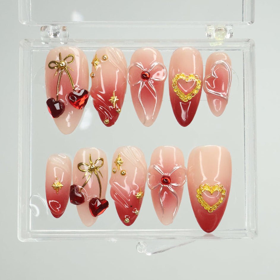 Cupid’s Kiss- Romantic Red Bow & Heart Press-On Nails – Handmade 3D red and gold accents, perfect for holiday, vacation,  valentine day, birthday nails, or a heartfelt gift for her