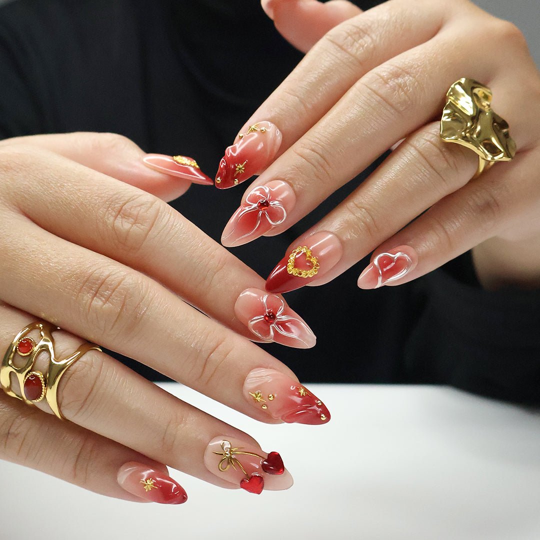 Cupid’s Kiss- Romantic Red Bow & Heart Press-On Nails – Handmade 3D red and gold accents, perfect for holiday, vacation,  valentine day, birthday nails, or a heartfelt gift for her