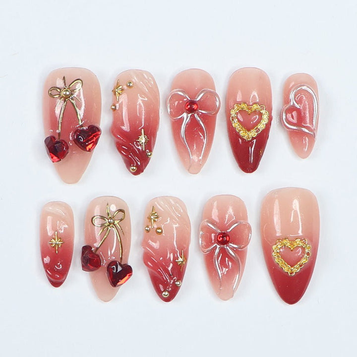 Cupid’s Kiss- Romantic Red Bow & Heart Press-On Nails – Handmade 3D red and gold accents, perfect for holiday, vacation,  valentine day, birthday nails, or a heartfelt gift for her