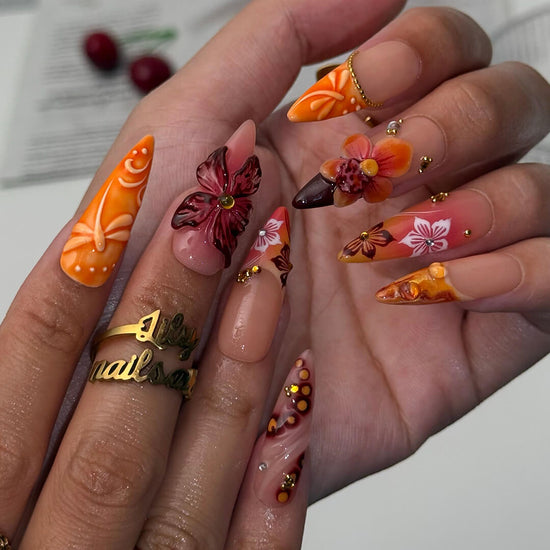 Luxury press-on nails with fiery red and orange gradients, 3D florals, golden flecks, and shimmering accents inspired by dragonfly — handmade long almond nails — perfect for bold fall looks, holiday, birthday