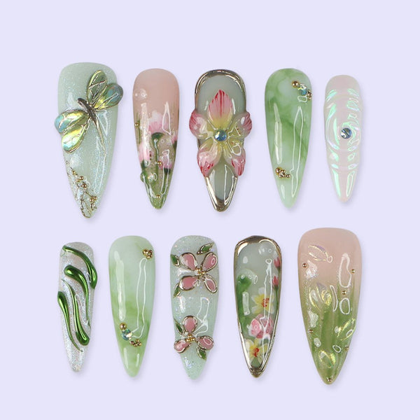 green butterfly & floral press on nails, handmade spring nails art in long almond