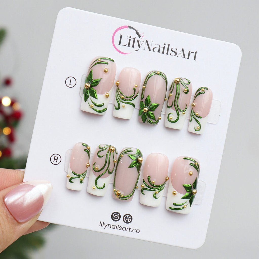 3D emerald ivy press on nails with green renaissance-style leaf accents, gold pearls, and white French tips — holiday-ready custom handmade nail art, reusable and elegant — perfect for Christmas, winter glam, or as a luxury nail gift for her.