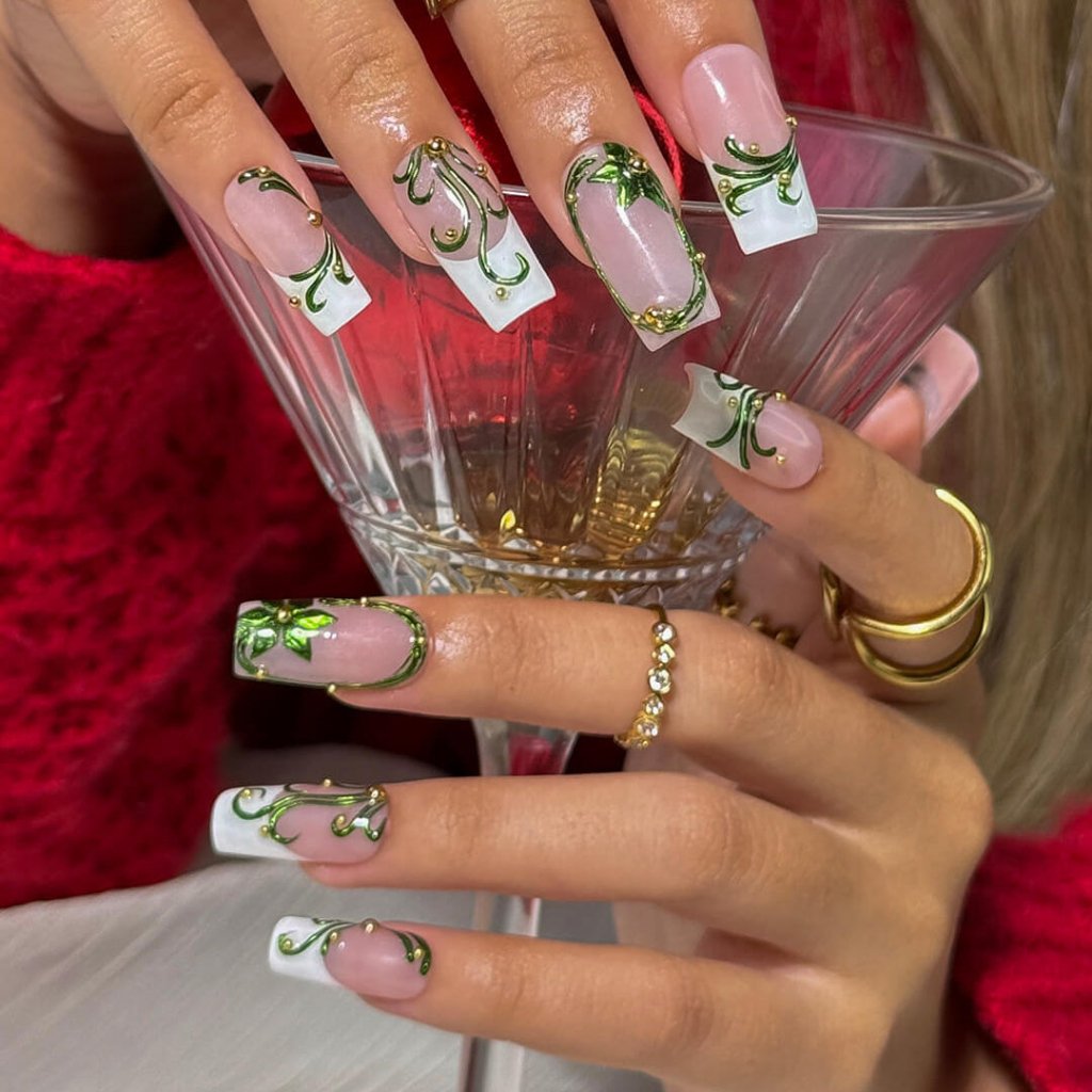 3D emerald ivy press on nails with green renaissance-style leaf accents, gold pearls, and white French tips — holiday-ready custom handmade nail art, reusable and elegant — perfect for Christmas, winter glam, or as a luxury nail gift for her.