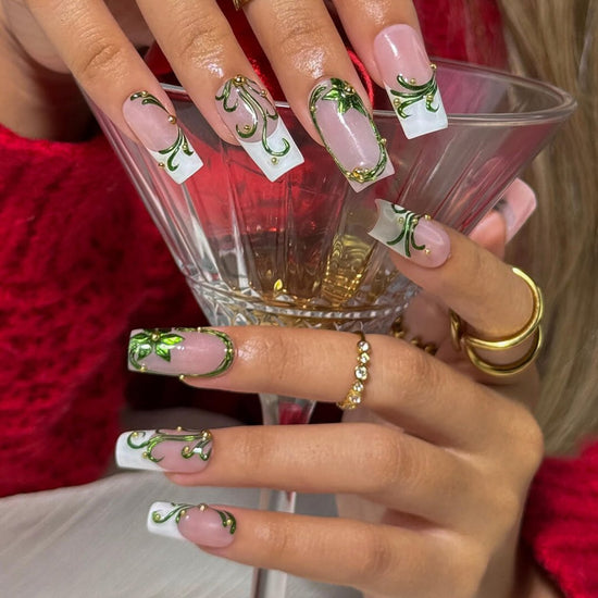 3D emerald ivy press on nails with green renaissance-style leaf accents, gold pearls, and white French tips — holiday-ready custom handmade nail art, reusable and elegant — perfect for Christmas, winter glam, or as a luxury nail gift for her.