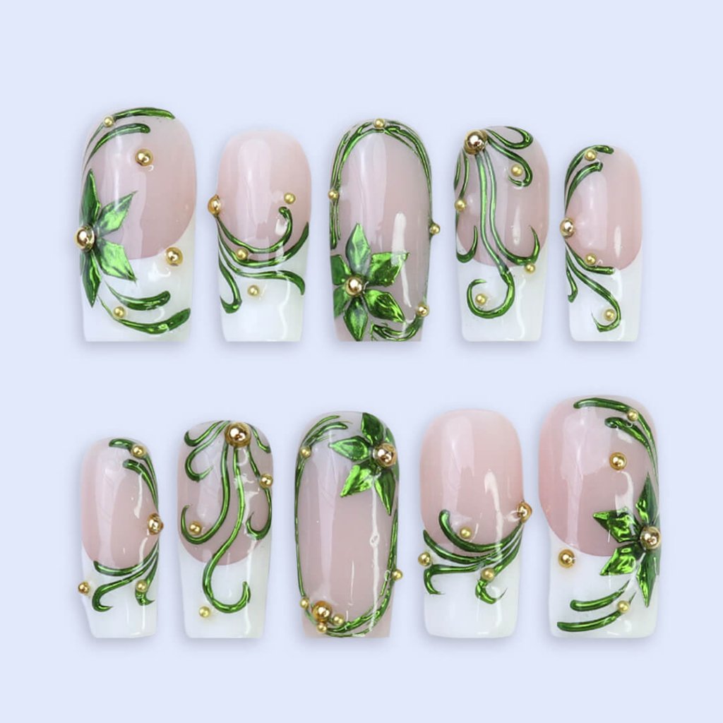 3D emerald ivy press on nails with green renaissance-style leaf accents, gold pearls, and white French tips — holiday-ready custom handmade nail art, reusable and elegant — perfect for Christmas, winter glam, or as a luxury nail gift for her.