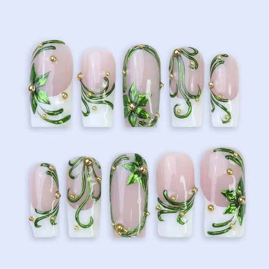 3D emerald ivy press on nails with green renaissance-style leaf accents, gold pearls, and white French tips — holiday-ready custom handmade nail art, reusable and elegant — perfect for Christmas, winter glam, or as a luxury nail gift for her.