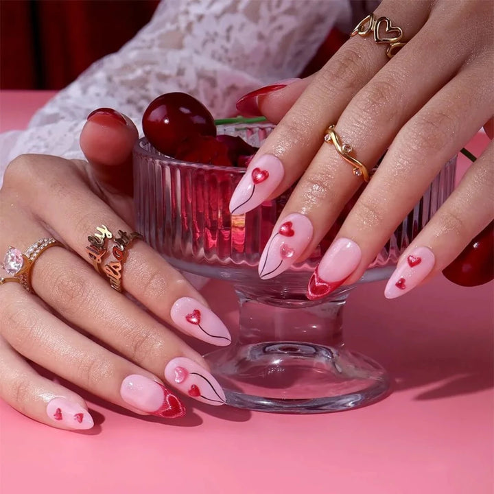 Handmade Pink press on nails with Sweet Heart & French Tip, Medium Almond luxury handmade nail art, false nails, pressons — perfect for Valentine Date Night 