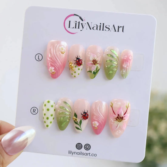 Handmade Pink press on nails with Floral & Ladybug, Medium Almond luxury handmade nail art, false nails, pressons — perfect for Holiday, Vacation, Birthday