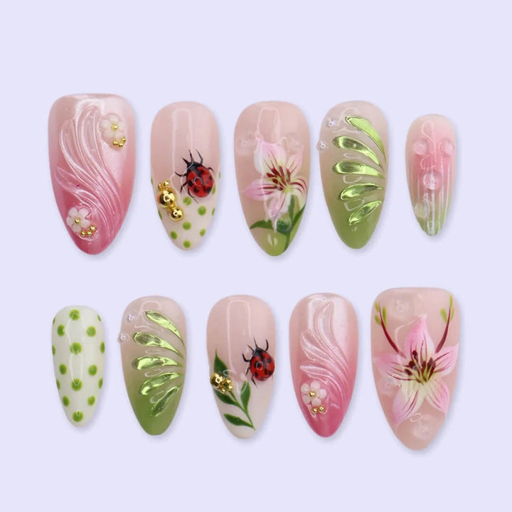 Handmade Pink press on nails with Floral & Ladybug, Medium Almond luxury handmade nail art, false nails, pressons — perfect for Holiday, Vacation, Birthday