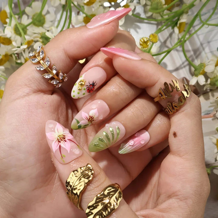 Handmade Pink press on nails with Floral & Ladybug, Medium Almond luxury handmade nail art, false nails, pressons — perfect for Holiday, Vacation, Birthday