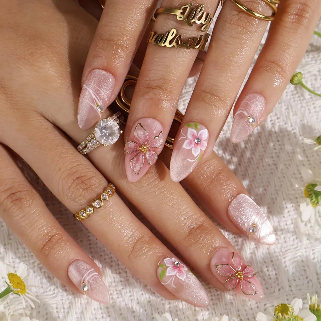 Handmade Pink press on nails with 3D Floral & Gold, Medium Almond luxury handmade nail art, false nails, pressons — perfect for Holiday, Vacation, Birthday