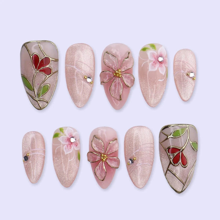 Handmade Pink press on nails with 3D Floral & Gold, Medium Almond luxury handmade nail art, false nails, pressons — perfect for Holiday, Vacation, Birthday