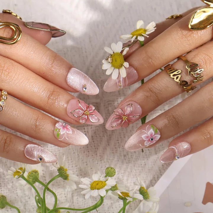 Handmade Pink press on nails with 3D Floral & Gold, Medium Almond luxury handmade nail art, false nails, pressons — perfect for Holiday, Vacation, Birthday