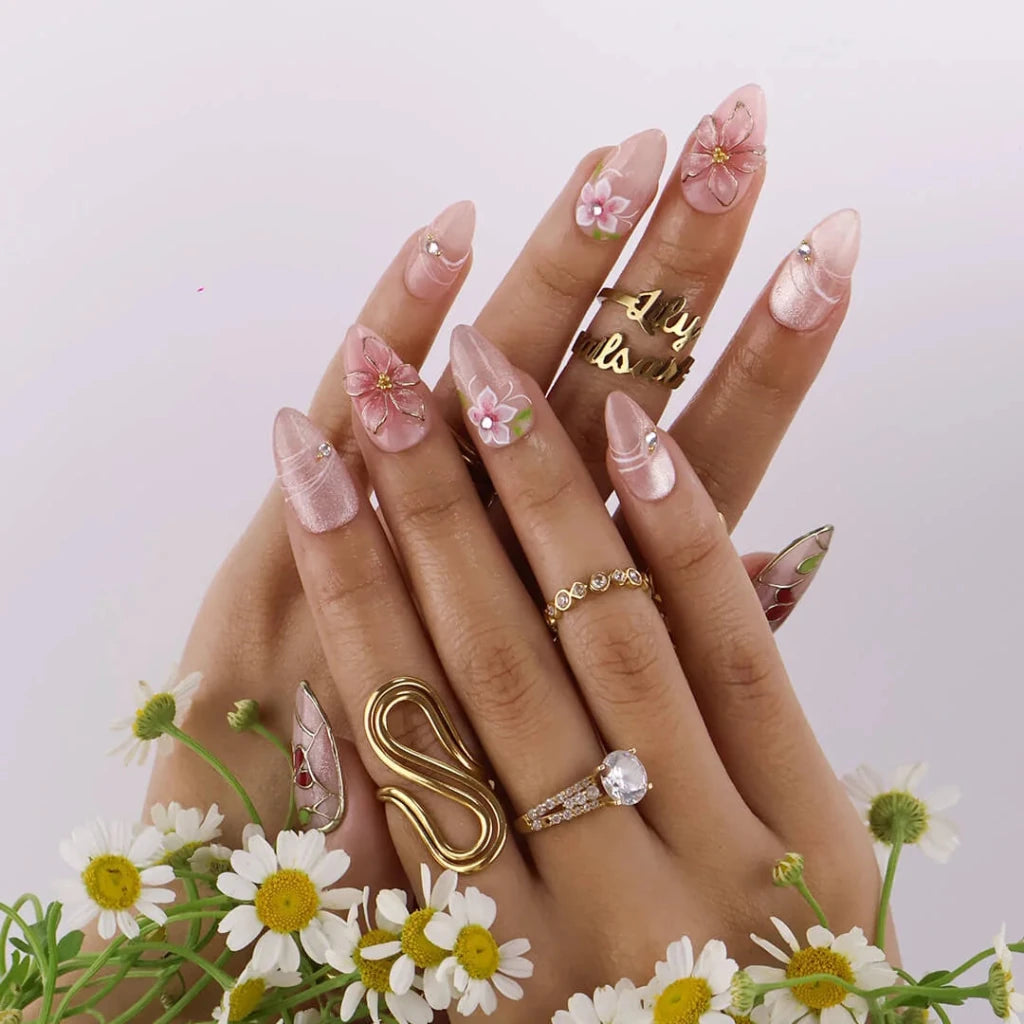 Handmade Pink press on nails with 3D Floral & Gold, Medium Almond luxury handmade nail art, false nails, pressons — perfect for Holiday, Vacation, Birthday