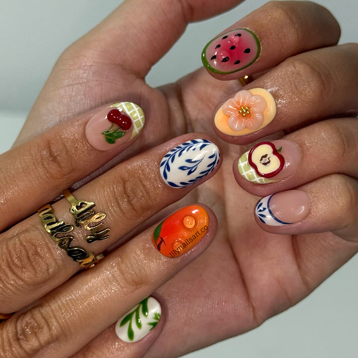 3D summer nails with sculpted cherries, watermelon, apples, orange flowers, leafy vines, and purple shells —  custom made fruit nail art in gingham and abstract patterns — perfect for summer picnics, garden parties, beach holiday, vacation 