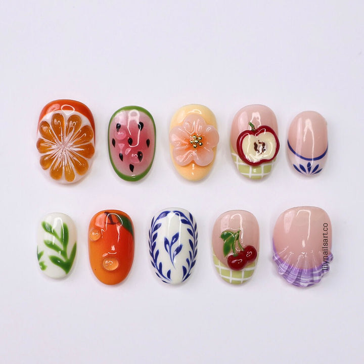 3D summer nails with sculpted cherries, watermelon, apples, orange flowers, leafy vines, and purple shells —  custom made fruit nail art in gingham and abstract patterns — perfect for summer picnics, garden parties, beach holiday, vacation 