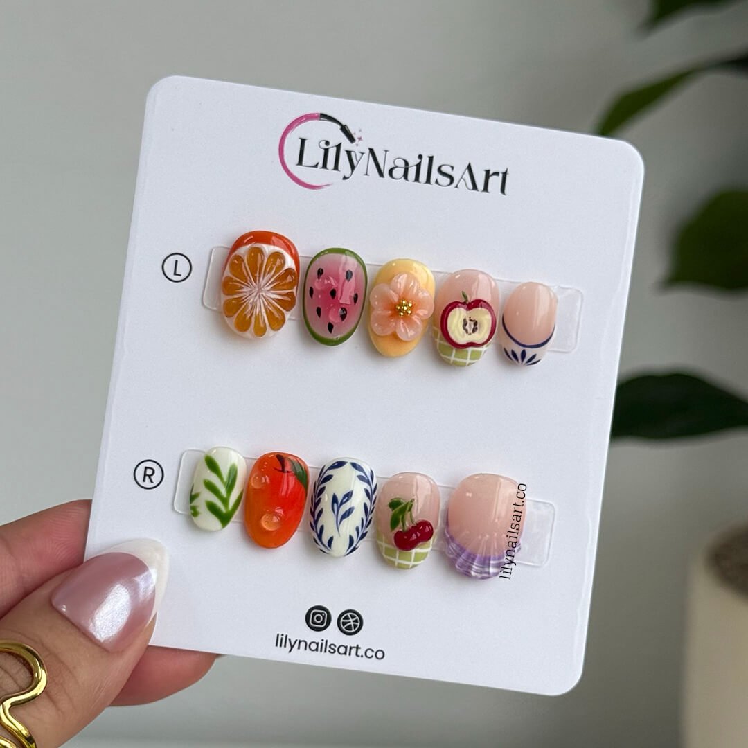 3D summer nails with sculpted cherries, watermelon, apples, orange flowers, leafy vines, and purple shells —  custom made fruit nail art in gingham and abstract patterns — perfect for summer picnics, garden parties, beach holiday, vacation 