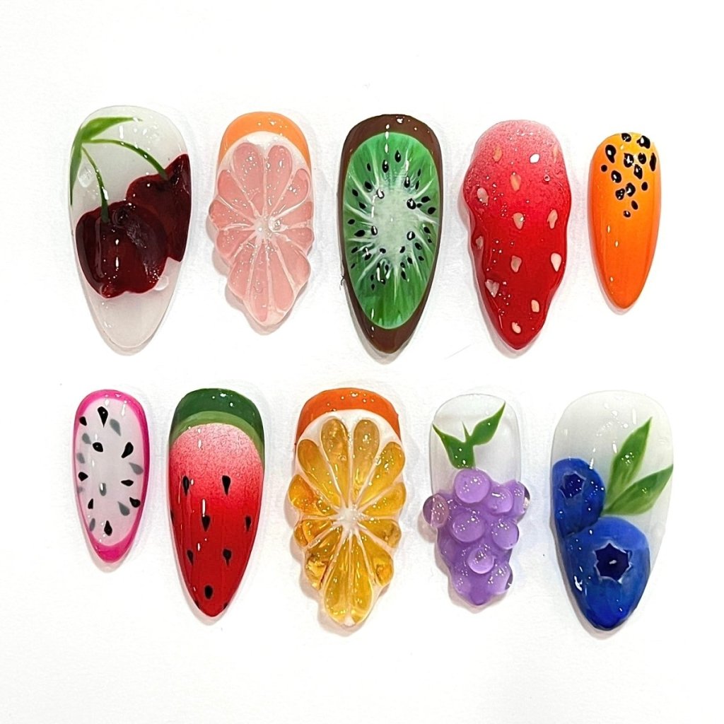 3D fruit press on nails with realistic designs of cherry, grapefruit, kiwi, strawberry, papaya, dragon fruit, watermelon, orange slice, grapes, and blueberries — custom press on nails, luxury handmade nail art, fake nails, false nails, pressons — perfect for summer vibes, fruity themes holiday, vacation ,or a fun gift for her.