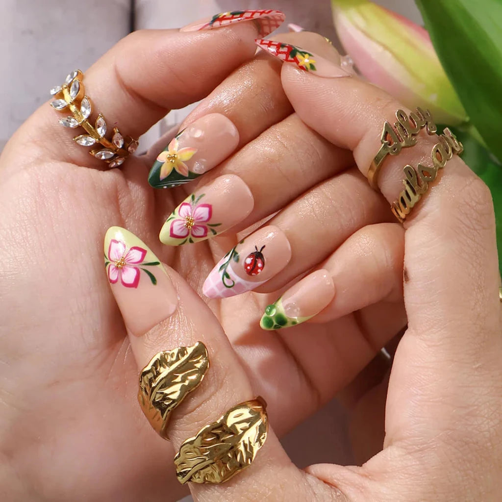 Handmade Red press on nails with Floral & Ladybug, Medium Almond luxury handmade nail art, false nails, pressons — perfect for Holiday, Vacation, Birthday