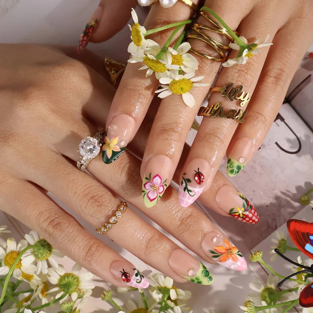 Handmade Red press on nails with Floral & Ladybug, Medium Almond luxury handmade nail art, false nails, pressons — perfect for Holiday, Vacation, Birthday