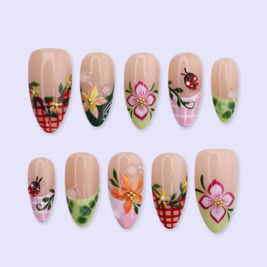 Handmade Red press on nails with Floral & Ladybug, Medium Almond luxury handmade nail art, false nails, pressons — perfect for Holiday, Vacation, Birthday