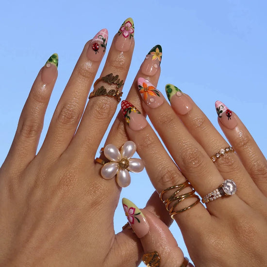 Handmade Red press on nails with Floral & Ladybug, Medium Almond luxury handmade nail art, false nails, pressons — perfect for Holiday, Vacation, Birthday