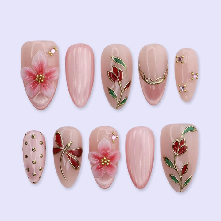 Handmade Pink press on nails with Floral & Dragonfly, Medium Almond luxury handmade nail art, false nails, pressons — perfect for Holiday, Vacation, Birthday