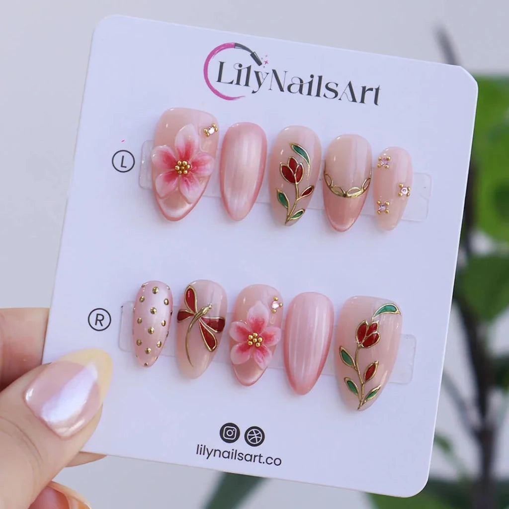Handmade Pink press on nails with Floral & Dragonfly, Medium Almond luxury handmade nail art, false nails, pressons — perfect for Holiday, Vacation, Birthday