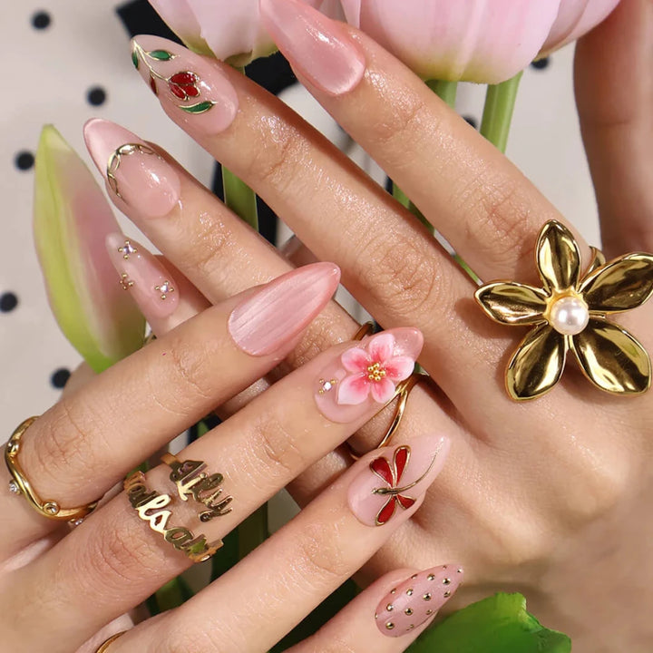 Handmade Pink press on nails with Floral & Dragonfly, Medium Almond luxury handmade nail art, false nails, pressons — perfect for Holiday, Vacation, Birthday