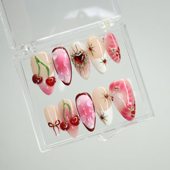Golden Cupid- Romantic Red and Pink Press-On Nails – Cherry and heart designs, handmade with 3D gel for holiday, vacation, valentine's day, birthday nails, or as a gift for her.