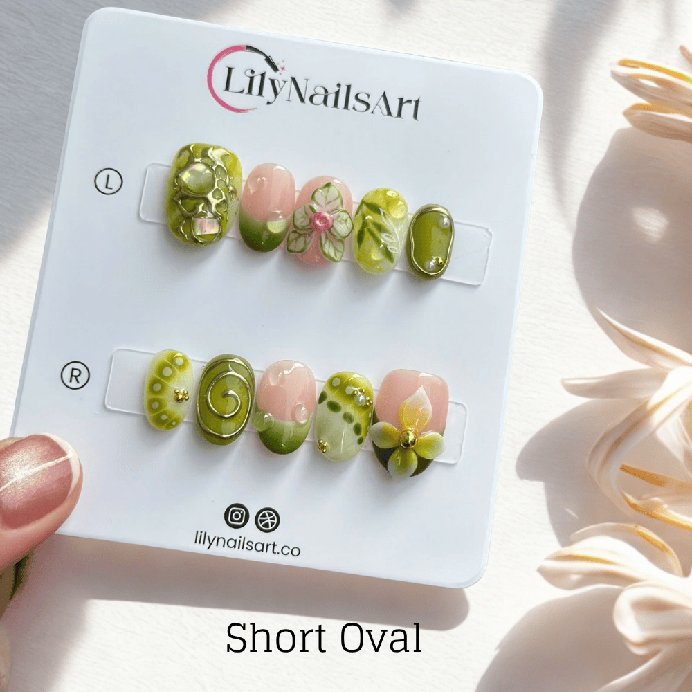 3D botanical press on nails with orchid flowers, abstract swirl patterns, and glossy jelly textures in olive, moss, and lime green tones — featuring bubble accents, metallic wire designs, and leaf-inspired detailing — handmade press on nails, tropical garden nail art, fake nails, false nails, pressons — perfect for nature lovers, summer getaways, or earthy glam looks.