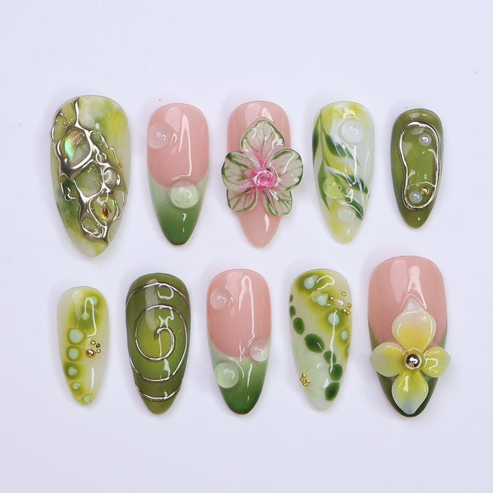 3D botanical press on nails with orchid flowers, abstract swirl patterns, and glossy jelly textures in olive, moss, and lime green tones — featuring bubble accents, metallic wire designs, and leaf-inspired detailing — handmade press on nails, tropical garden nail art, fake nails, false nails, pressons — perfect for nature lovers, summer getaways, or earthy glam looks.