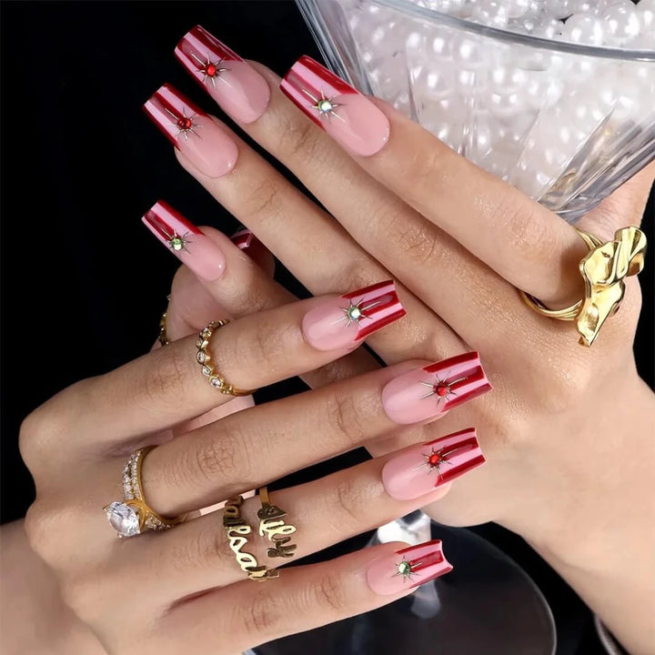 Handmade Pink press on nails with Jewel Star French Tip, Medium Square luxury handmade nail art, false nails, pressons — perfect for Valentine Date Night 
