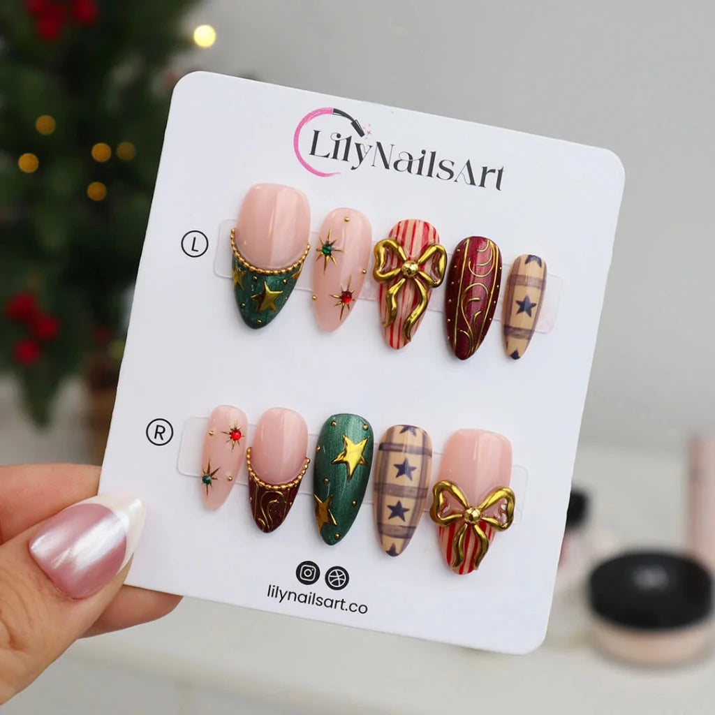3D red and green custom Christmas press on nails with gold star accents, metallic bows, candy cane stripes, and plaid designs — holiday fake nails, handmade false nails, luxury pressons — perfect for winter parties or as a festive gift idea