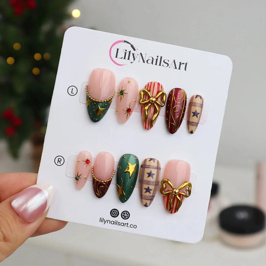 3D red and green custom Christmas press on nails with gold star accents, metallic bows, candy cane stripes, and plaid designs — holiday fake nails, handmade false nails, luxury pressons — perfect for winter parties or as a festive gift idea