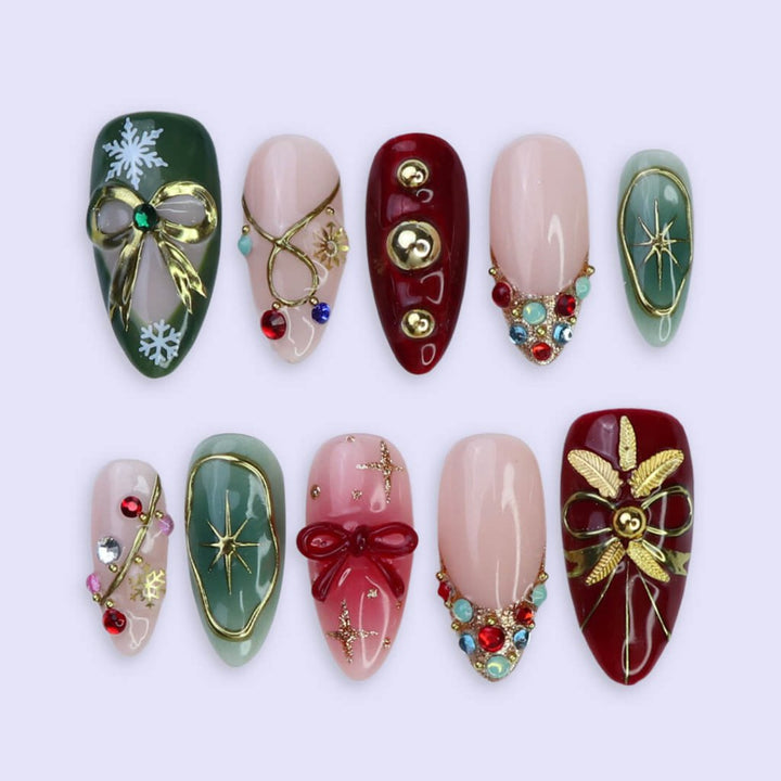 3D renaissance holiday press on nails with Christmas plaid, pearl wreath, candy cane charms, gold ornaments, and snowflake accents — handmade festive nail art for parties or gifting.