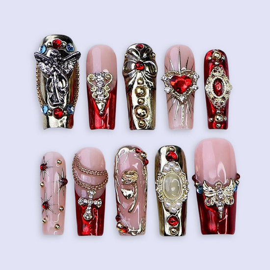 Renaissance-inspired red and gold press on nails with 3D baroque charms, gothic gemstone accents, and ornate metallic detailing — handmade luxury press ons, reusable nail art, false nails, fake nails — perfect for holiday parties, Christmas glam, or editorial photoshoots.