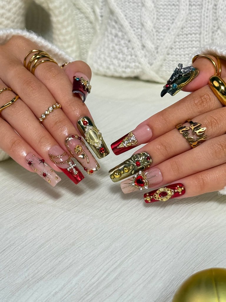 Renaissance-inspired red and gold press on nails with 3D baroque charms, gothic gemstone accents, and ornate metallic detailing — handmade luxury press ons, reusable nail art, false nails, fake nails — perfect for holiday parties, Christmas glam, or editorial photoshoots.