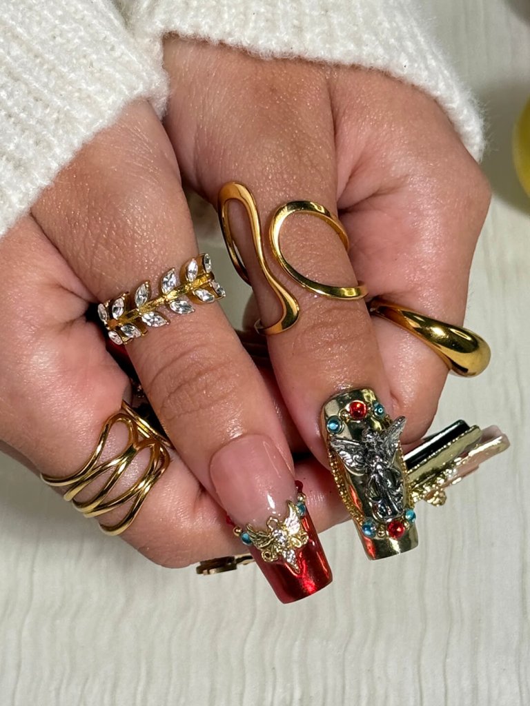 Renaissance-inspired red and gold press on nails with 3D baroque charms, gothic gemstone accents, and ornate metallic detailing — handmade luxury press ons, reusable nail art, false nails, fake nails — perfect for holiday parties, Christmas glam, or editorial photoshoots.