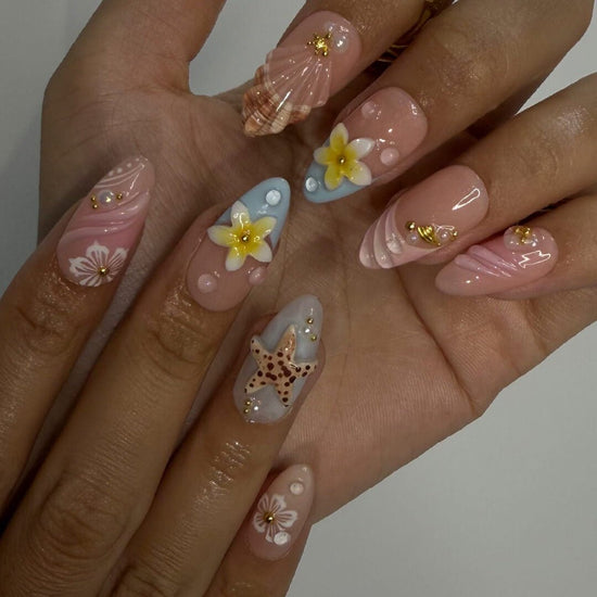 pastel summer nails  with seashells, daisies, starfish, and pearls — handmade luxury nail art in pastel pink and soft blue tones, reusable and custom-fit — perfect for beach getaways, tropical nails art for holiday, vacation, beach day