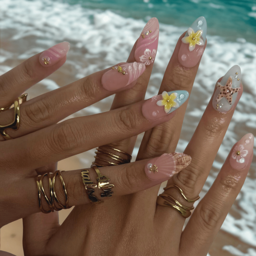 pastel summer nails  with seashells, daisies, starfish, and pearls — handmade luxury nail art in pastel pink and soft blue tones, reusable and custom-fit — perfect for beach getaways, tropical nails art for holiday, vacation, beach day